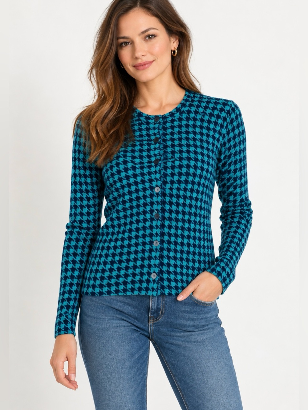 Tommy Hilfiger Pima Cotton Cardigan Sweater M Teal Navy Houndstooth Button Front